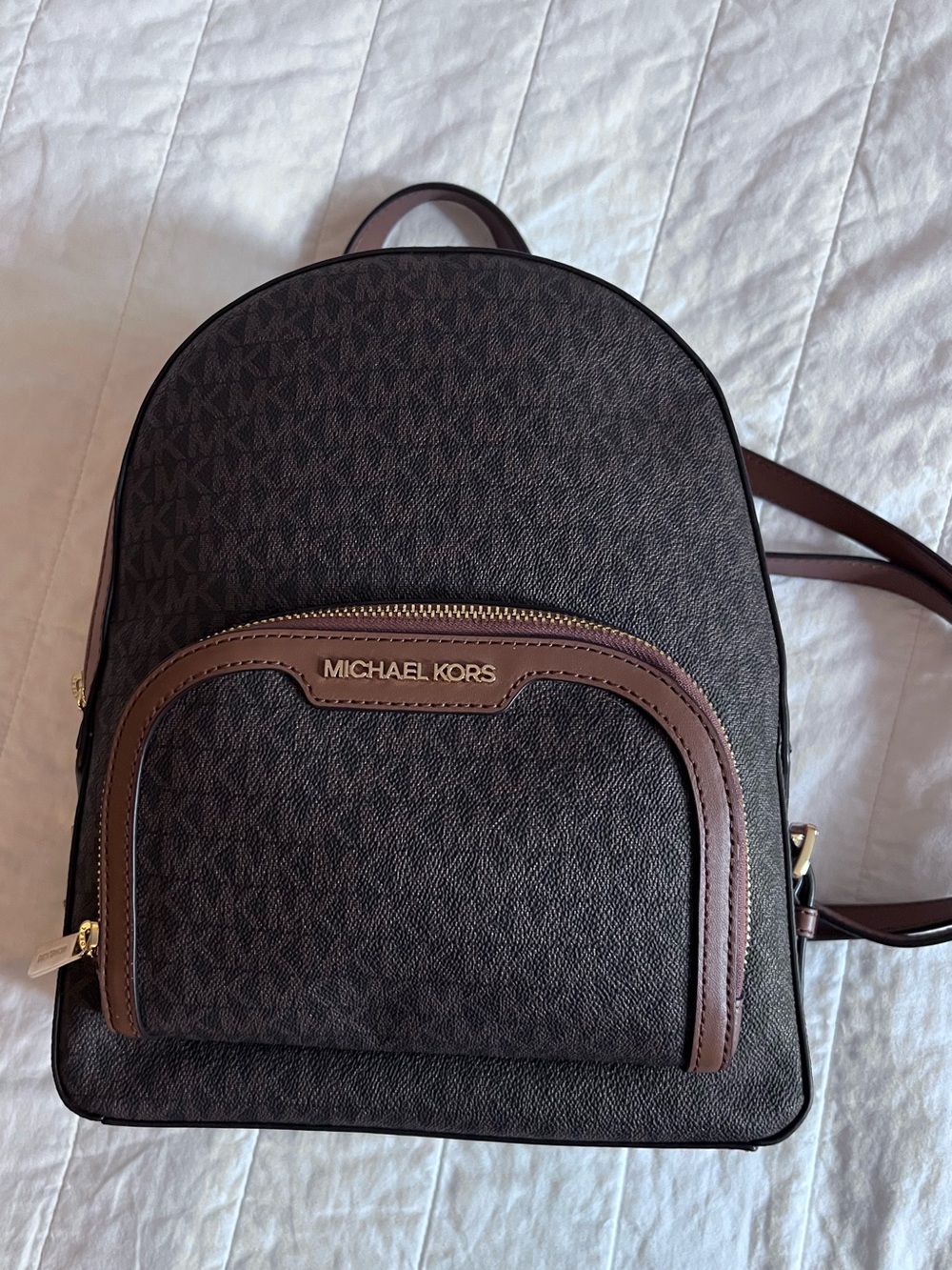New Michael Kors Dark Brown Logo Dome Backpack with Leather Trim